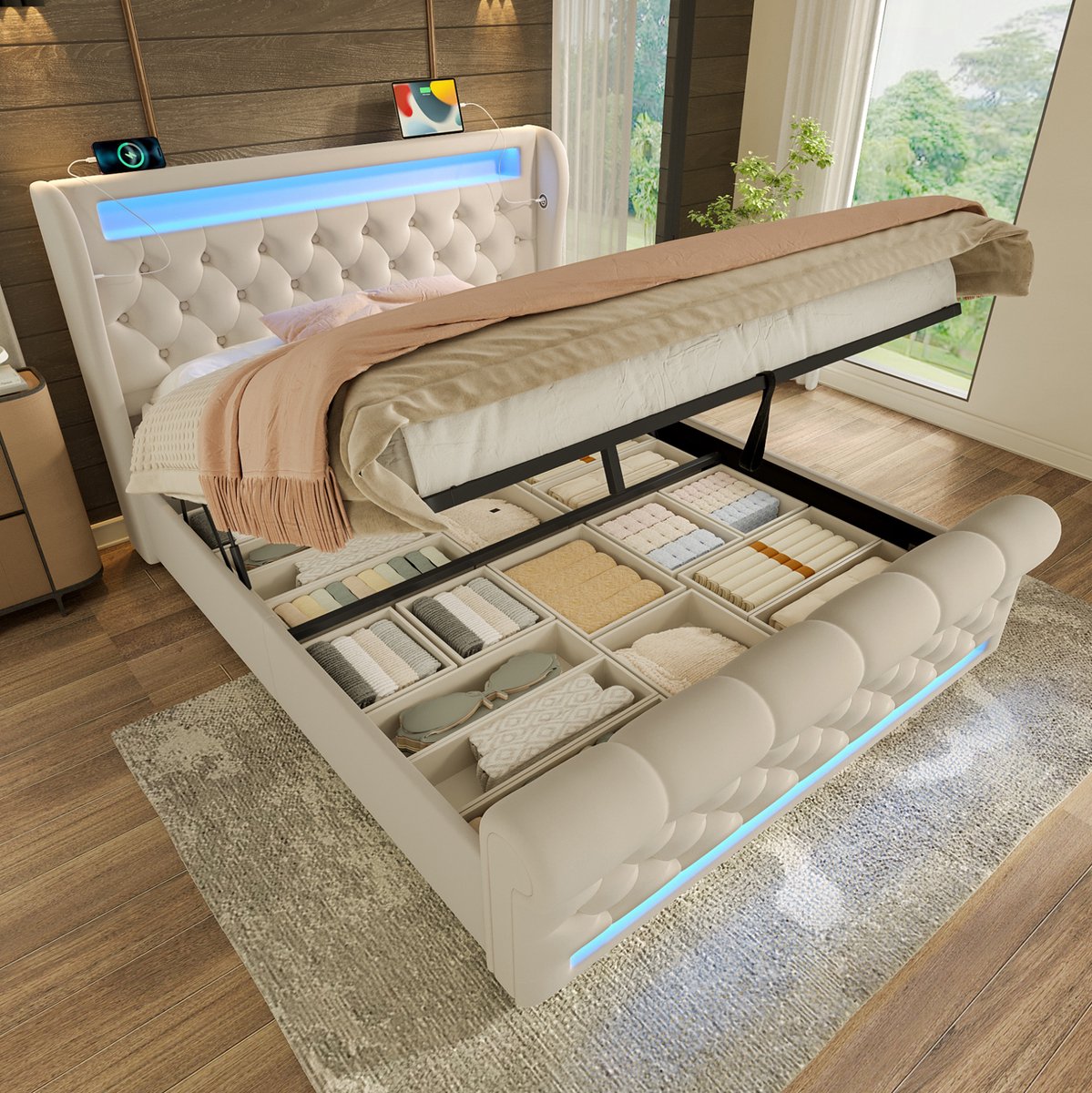 MEUNIQ gestoffeerd tweepersoons bed 140x190 cm met hydraulische opbergruimte, LED-verlichting, USB en Type-C, fluwelen bedframe voor slaapkamer, beige