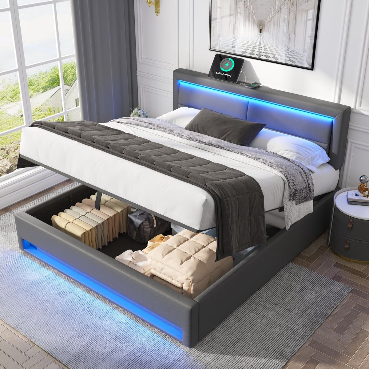 MEUNIQ gestoffeerd bed 160 x 200 cm met USB-aansluiting, draadloos opladen, LED-verlichting en opbergruimte, tweepersoons bedframe voor slaapkamer, grijs