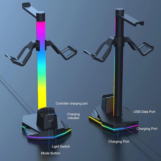 Controller Standaard - Oplaaddock Koptelefoon - Bureau Organisatie - Geïntegreerde RGB-verlichting - 2 Controllers 1 Koptelefoon - Zwart — afbeelding 5