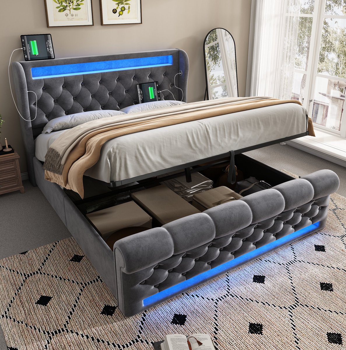 MEUNIQ gestoffeerd tweepersoons bed 140x190 cm met LED-verlichting, hydraulische opbergruimte, USB en USB-C, bedframe voor slaapkamer, grijs