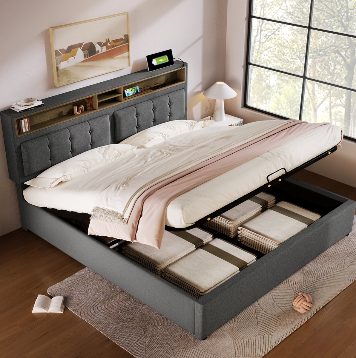 MEUNIQ tweepersoons opbergbed 140x200 met verstelbaar hoofdbord, USB-C, USB en stopcontacten, lattenbodem en opbergruimte in de slaapkamer, grijs Grey