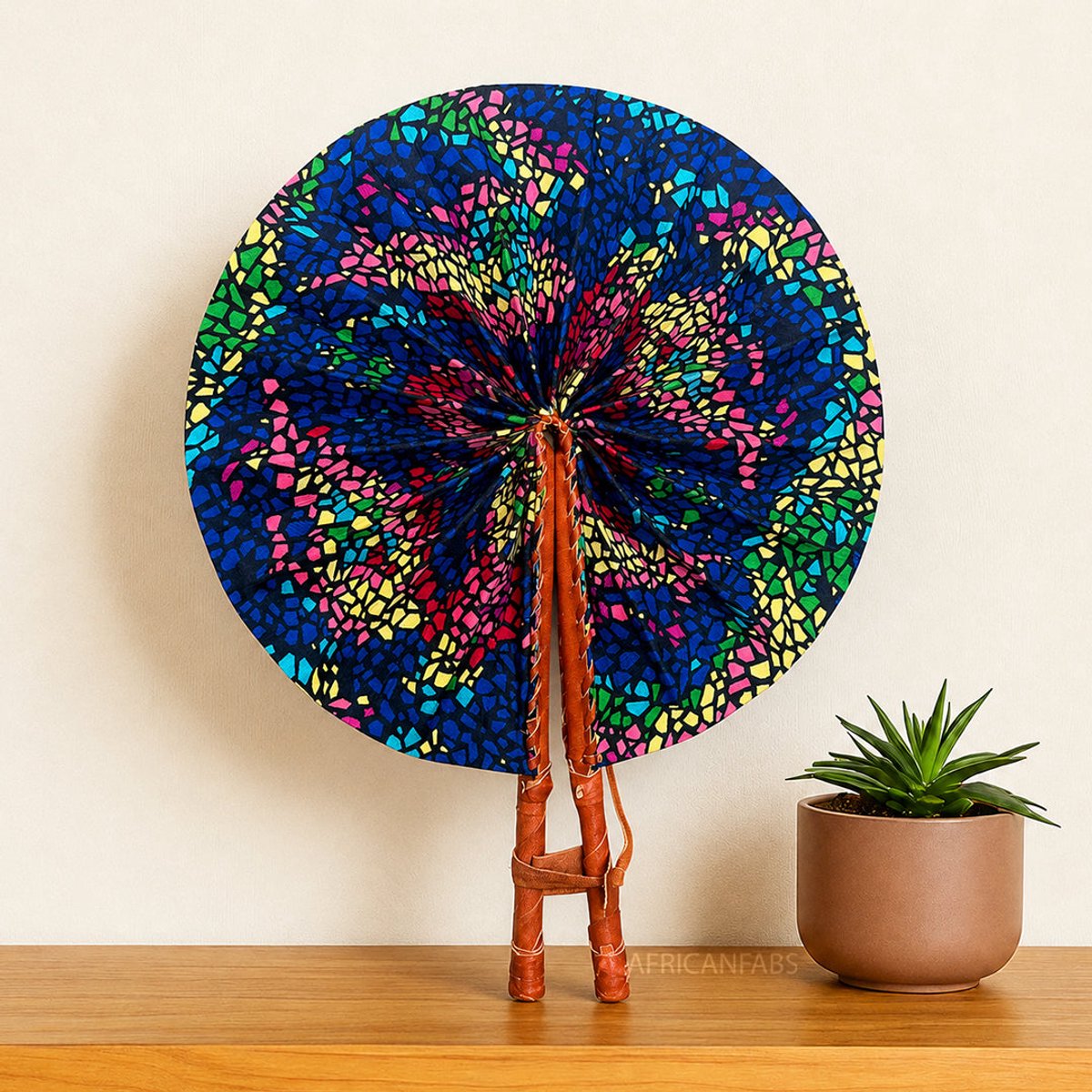 Afrikaanse handwaaier - Ankara print waaier - Blauw Roze Mensah