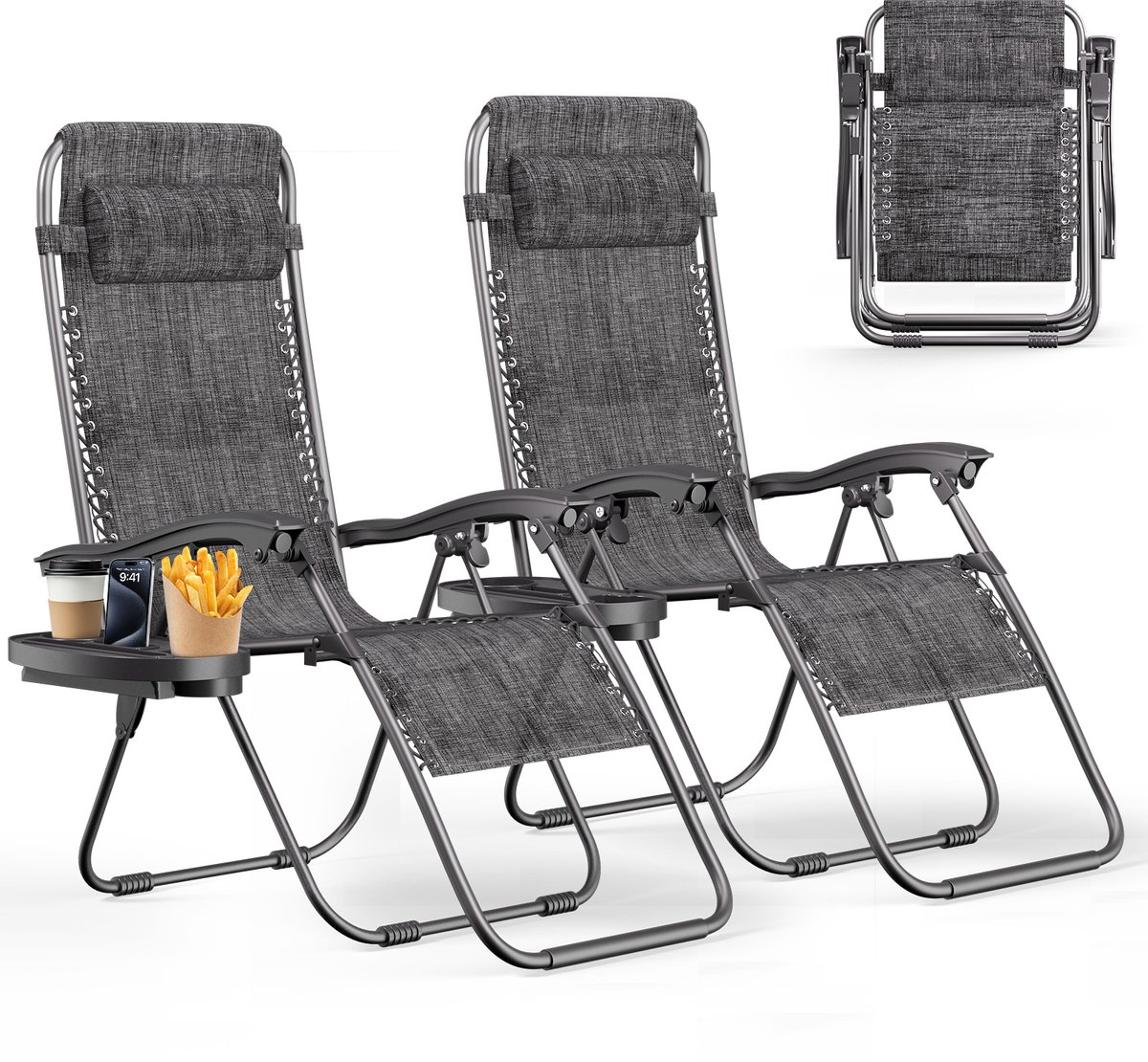 Soontrans Nulzwaartekracht Opvouwbare Ligstoelen - Tuinstoelen - Verstelbare Rugleuning – Ligbedden - Tuinligstoel - Balkonligstoel -Terrasstoel Voor Tuin - Strand - Zwembad-2pcs-Grijsachtig Zwart