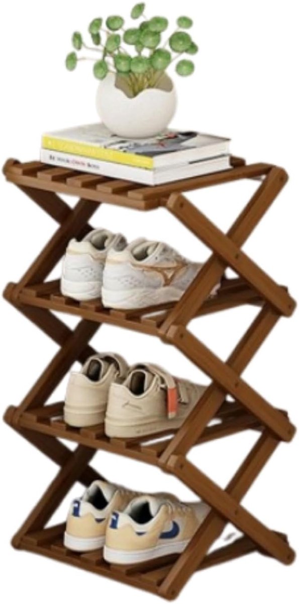 Houten schoenenrek - Schoenen organizer - Schoenen opbergen - Opvouwbaar en slank - 26 x 26 cm - Bruin