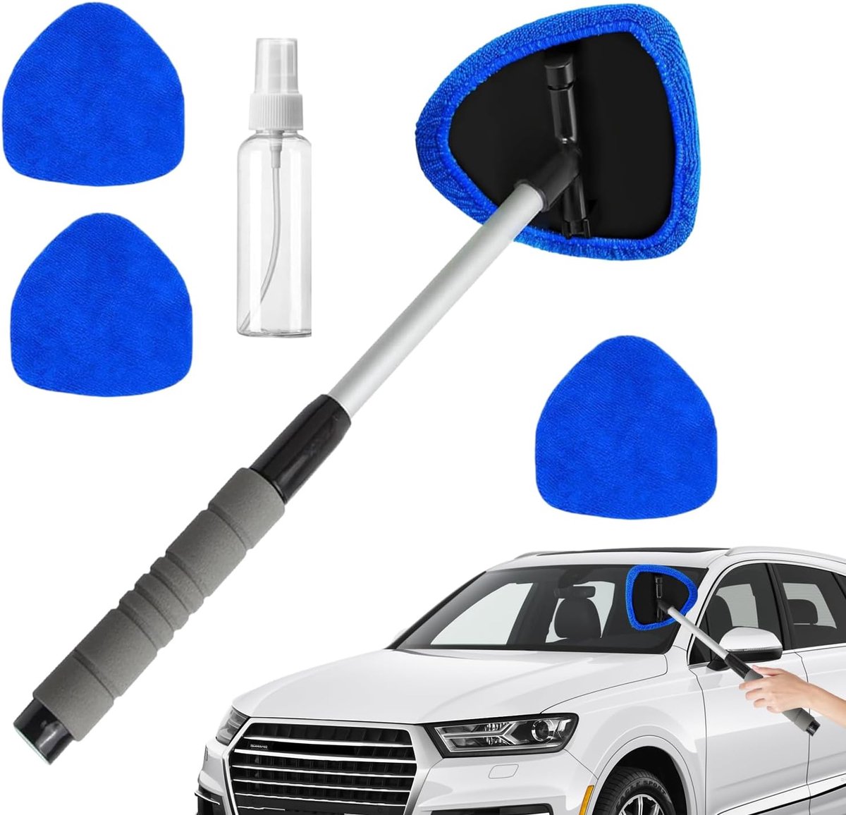 Voorruit Reiniger - Raam Wisser - Auto Interieur - Draaibare Kop - Uitschuifbare Steel - Grijs