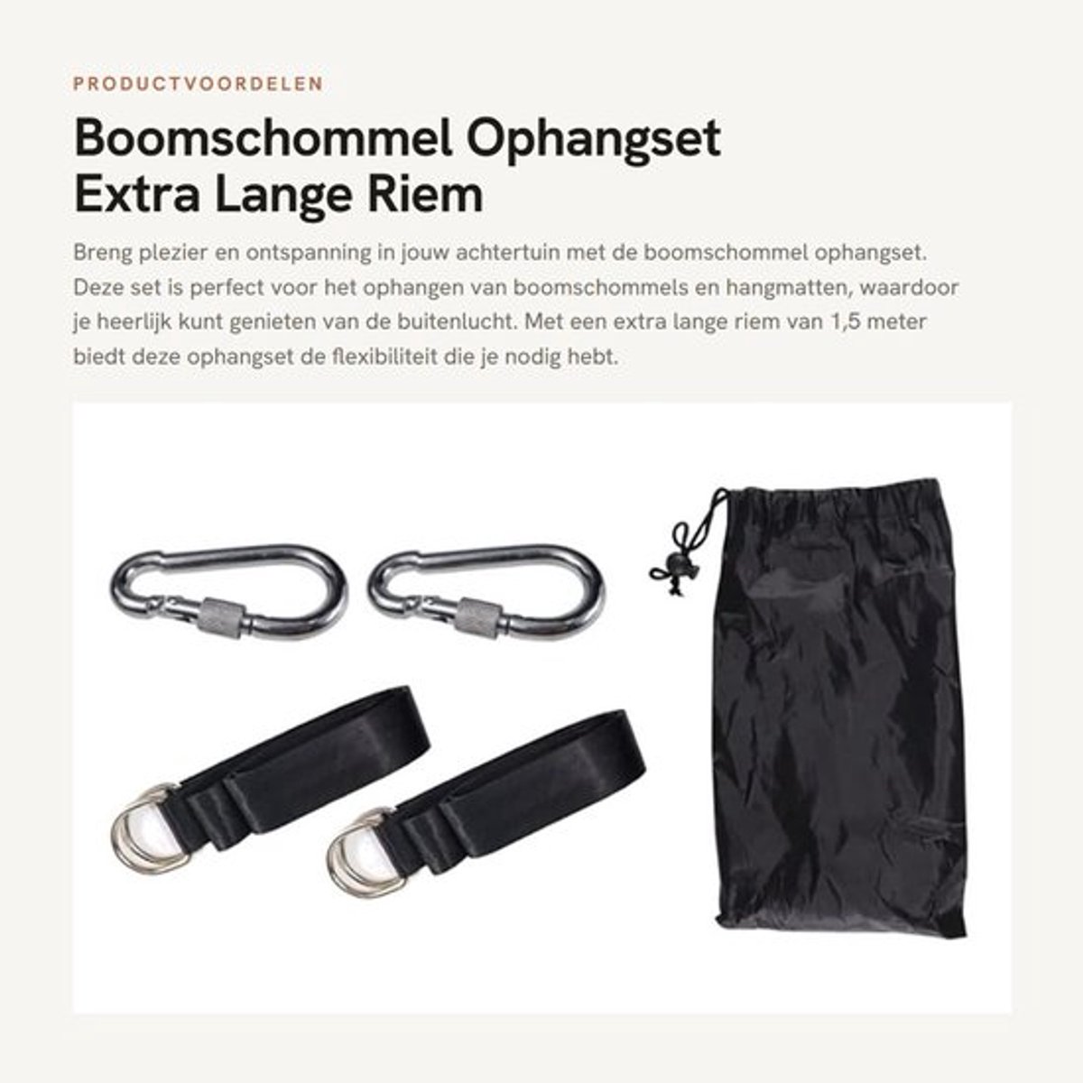 Dailygoods- Ophangset - 1,5 meter lange riem - Karabijnhaak - Boomschommel