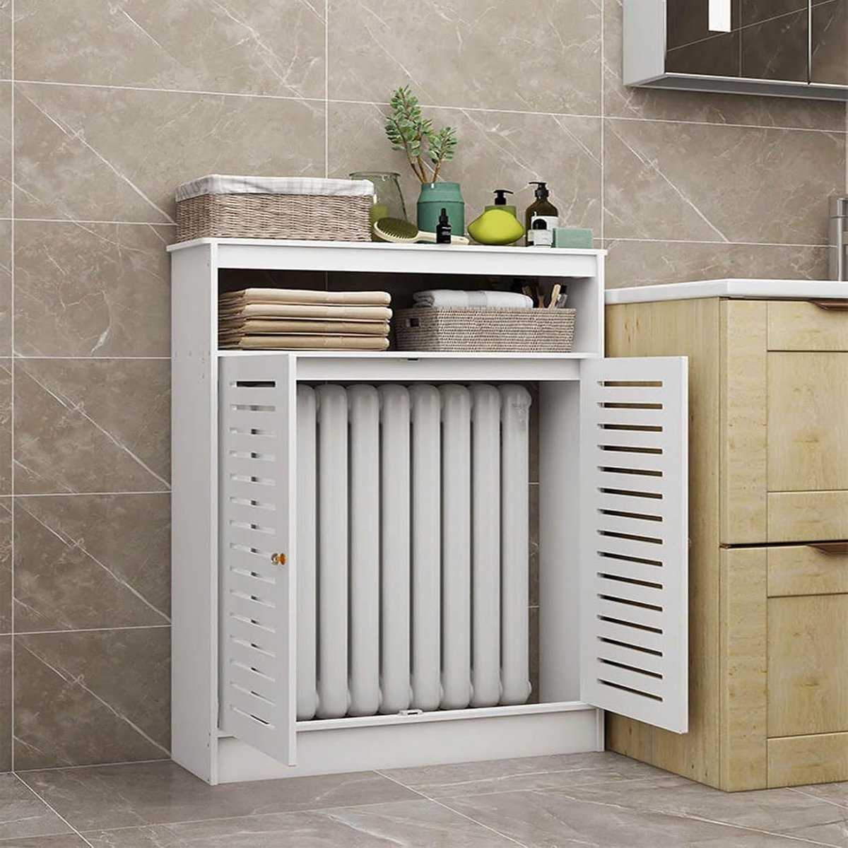 Radiatorafdekking met deuren - Opbergkast Verwarming - Ruimte Organiseren - Verticale lamellen ontwerp - 70 x 90 x 20 cm