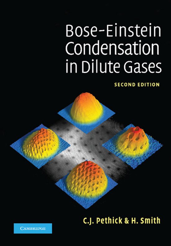 Boek 'Bose-Einstein Condensation in Dilute Gases', tweede editie, met vier 3D-weergaven van condensaten.