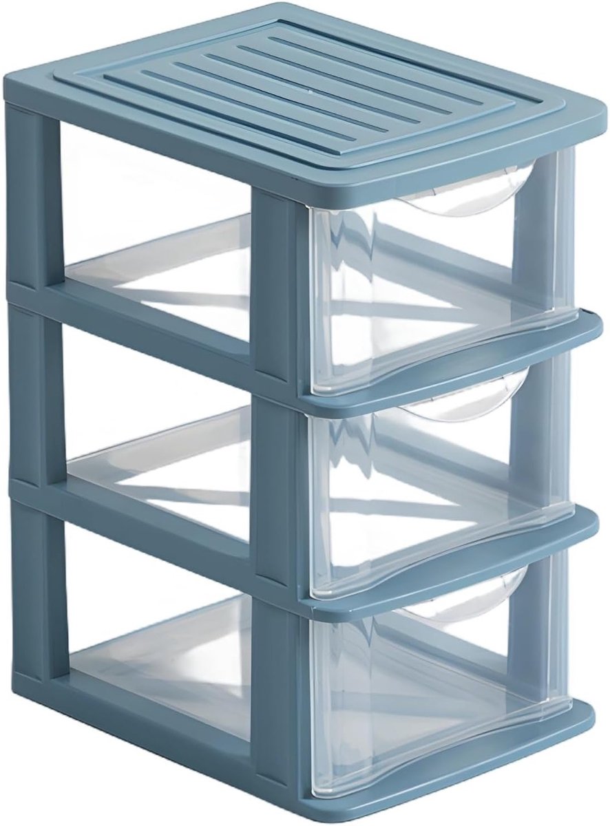 3-laags opbergdoos voor cosmetica en briefpapier, transparante stofdichte lade-organizer voor thuis en kantoor, blauwe plastic opslagoplossing