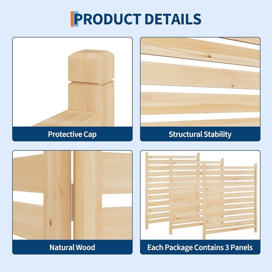Details van naturel houten privacy scherm: beschermende kap, structurele stabiliteit, natuurlijk hout en 3 panelen per verpakking.