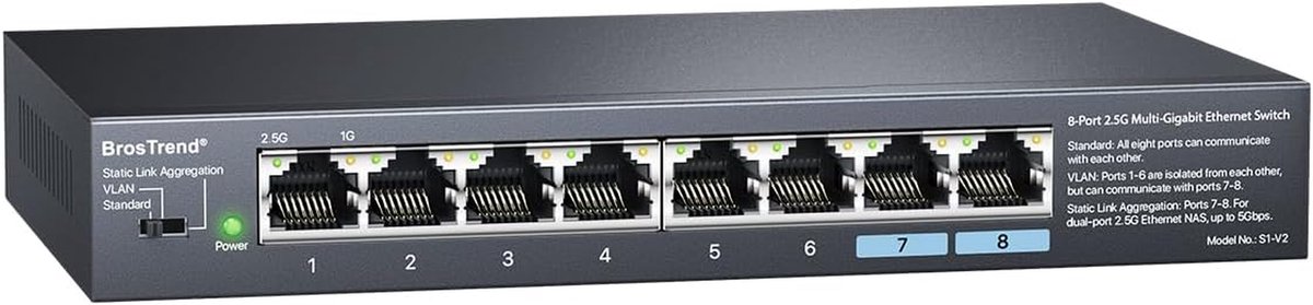 Ethernet Switch - Netwerk Hub - Snel Internet - 8 Poorts 2.5G - 40 Gbps - Zwart