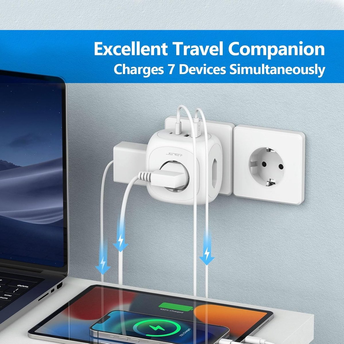 Stekkerdoos met USB-poorten - Wit - 7-in-1 Oplader - Compact en Draagbaar - Voor Thuis en Reizen
