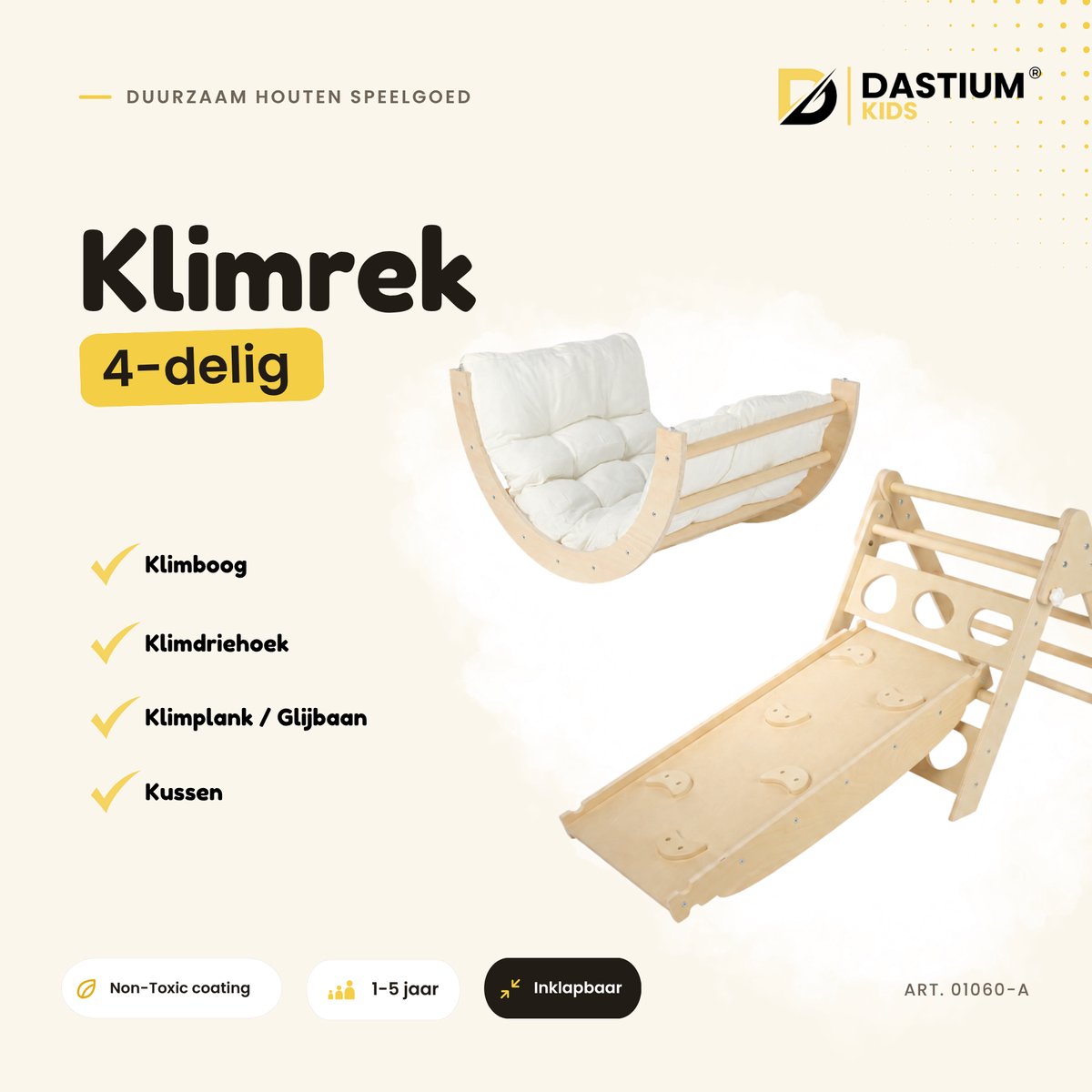Dastium Kids - Mini Klimrek - Montessori Speelgoed - Houten Klimrek - Klimboog met Kussen - Klimrek Baby - Klimrek Peuter - Klimrek met Glijbaan - Naturel — afbeelding 2