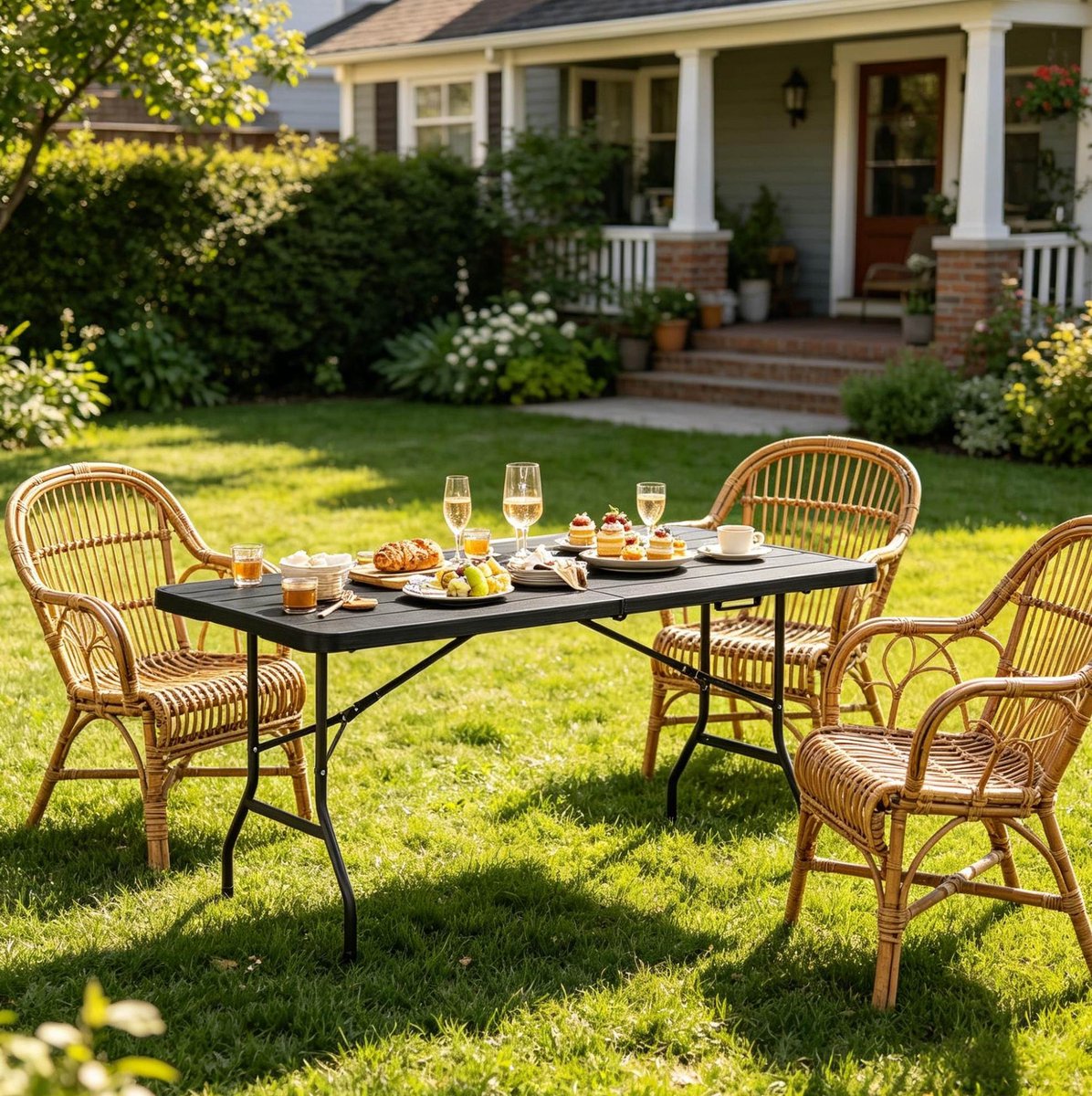 HAUSS SPOLE Eettafel - Opklapbare Tafel Voor 8 Personen Met Houtlook - Voor Balkon Tuin Camping En Buiten Dineren - HDPE En Metaal - 180x74x70 Cm - Zwart