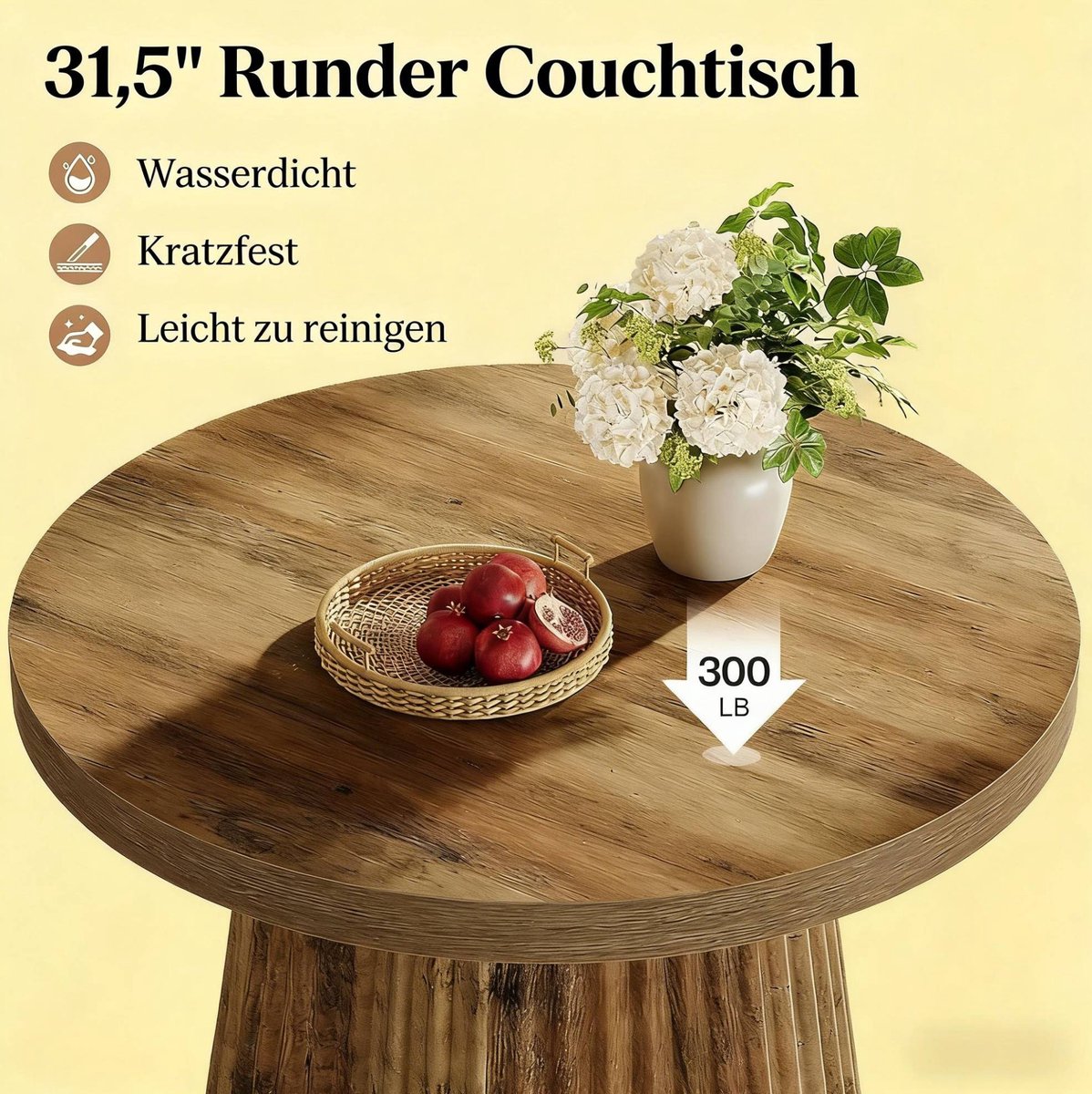 HAUSS SPOLE Salontafel - Ronde Tafel Met Geribbelde Zuilvoet En Houtlook - Voor Woonkamer En Loft - MDF - 80 x 80 x 45 cm - Bruin