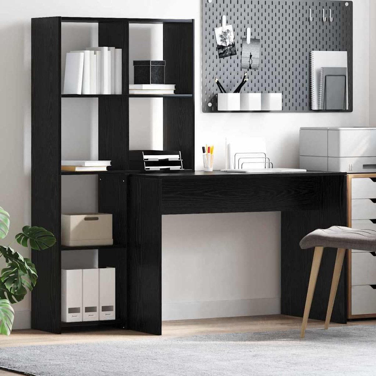 Bureau met rek - Werkplek thuis - Thuiswerken organiseren - Stabiel en krasbestendig - 1385 cm breed - Zwart eikenlook