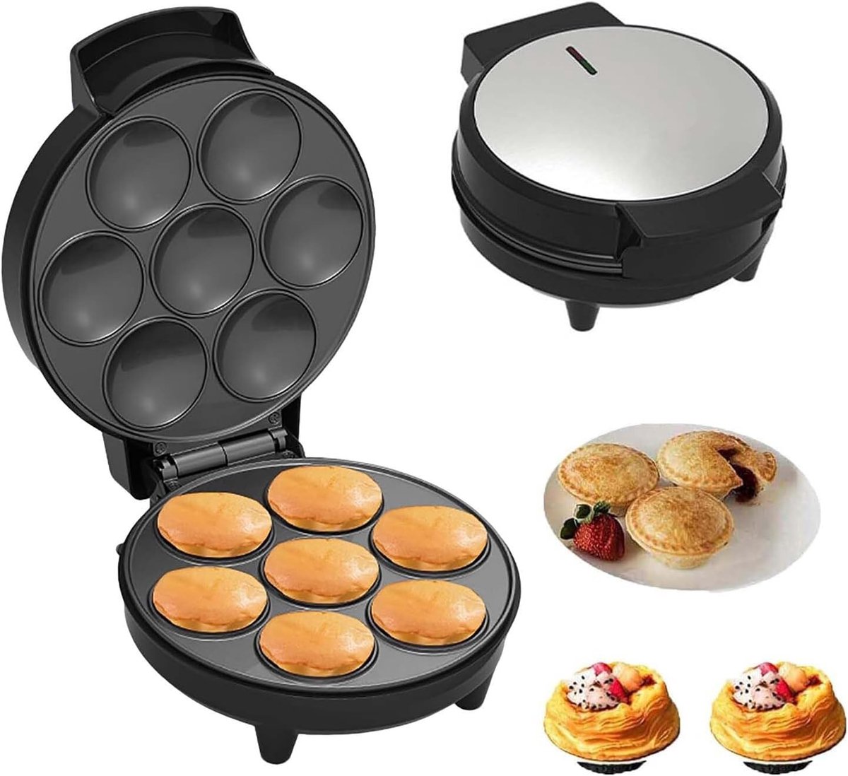 Mini Taartmaker - Quiche Maker - Snelle Snacks Bakken - Dubbelzijdige Verwarming - 7 Holtes - Zwart
