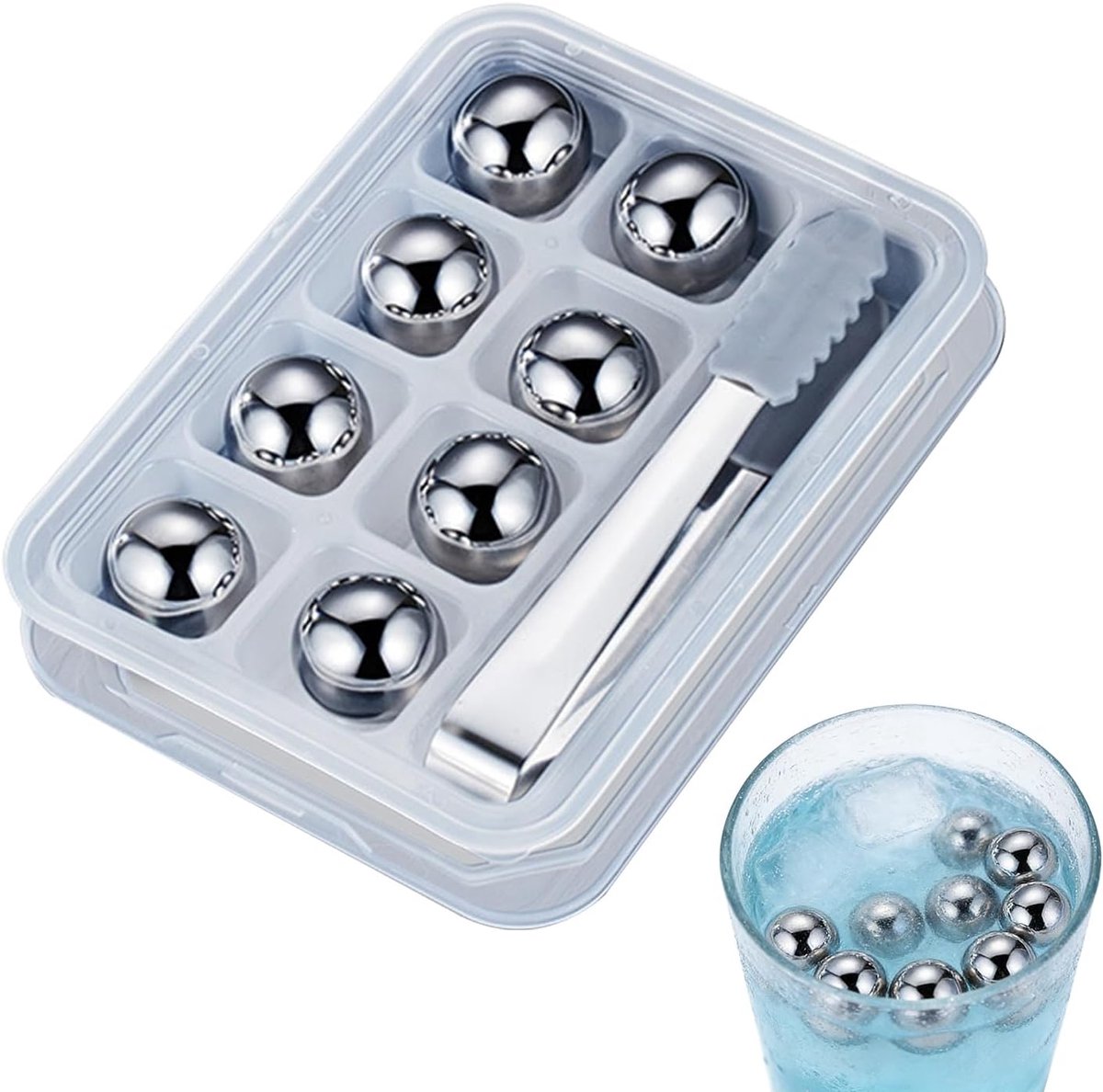IJsballen Set - Herbruikbare Koelstenen - Dranken Koelen - Geen Verdunning - 8 Stuks - Zilverkleurig