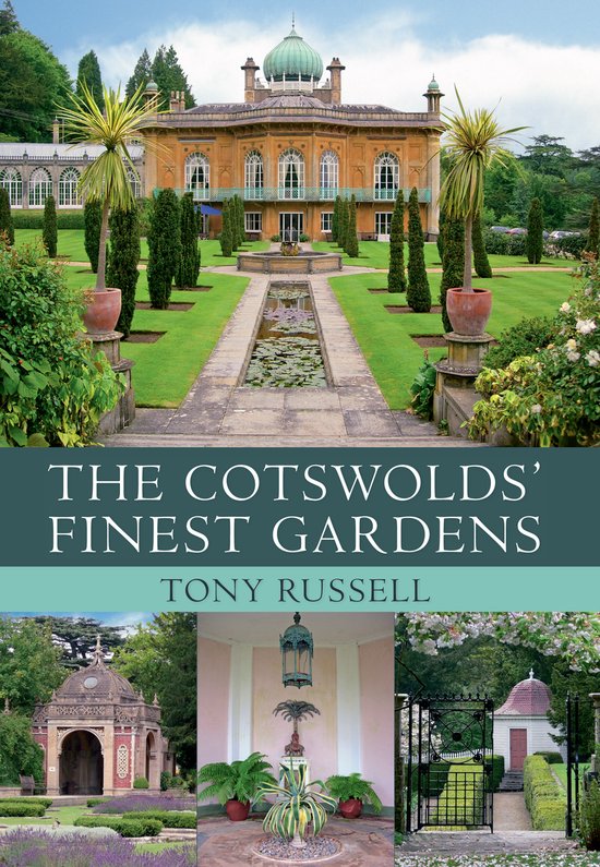 Boekomslag met de titel 'The Cotswolds' Finest Gardens' en beelden van tuinen en gebouwen.