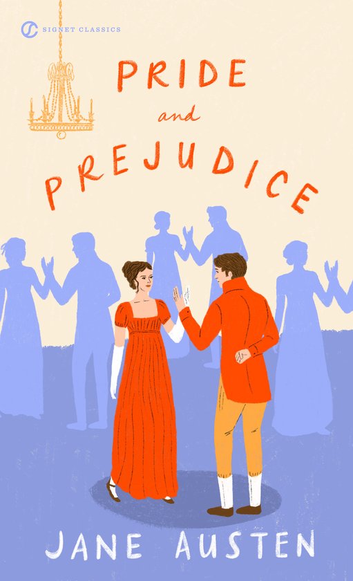 Boekomslag met de titel 'Pride and Prejudice' en een illustratie van een stel in baloutfit, met silhouetten van gasten op de achtergrond.
