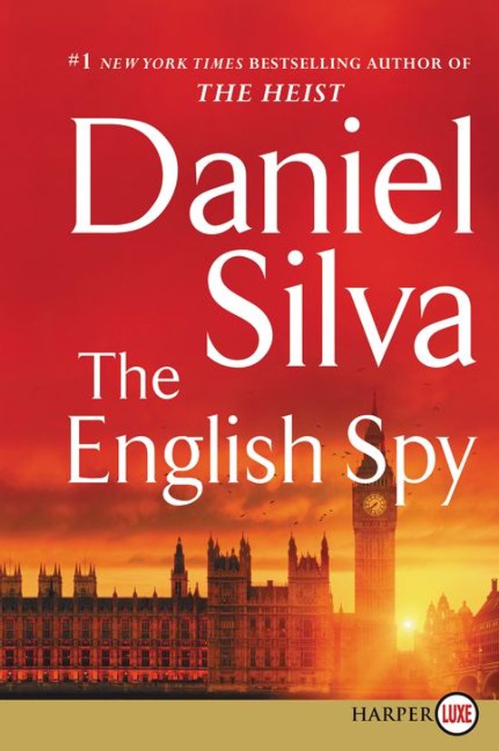 Boek 'The English Spy' van Daniel Silva, met de tekst '#1 New York Times Bestseller' en een silhouet van Londen bij zonsondergang.