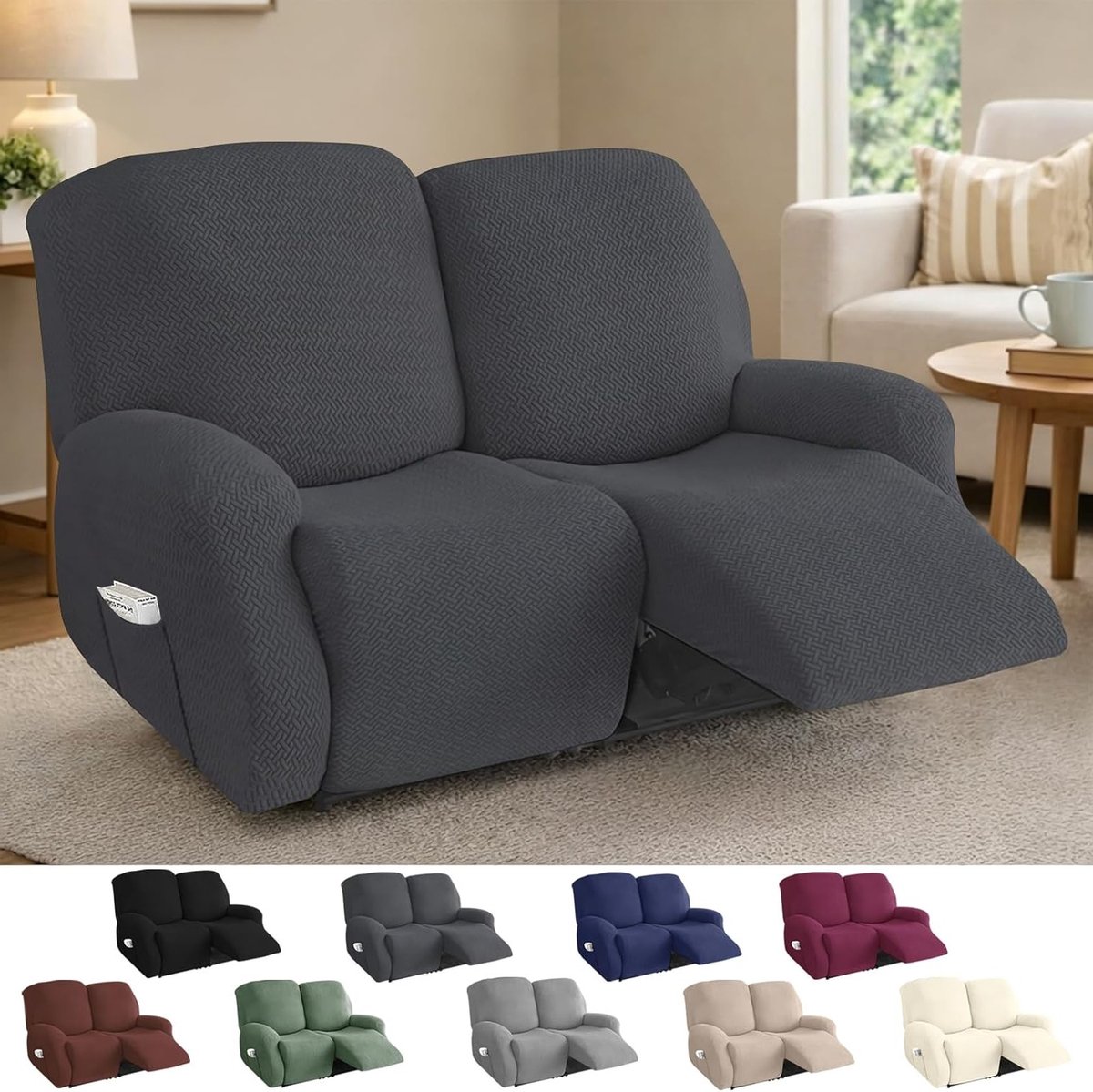 Stijlvolle en Elastische Hoes voor 2-Zits Bank, Jacquard Beschermhoes met Opbergzakken voor TV Bank en Relaxsofa (Donkergrijs, 6 Stukken)