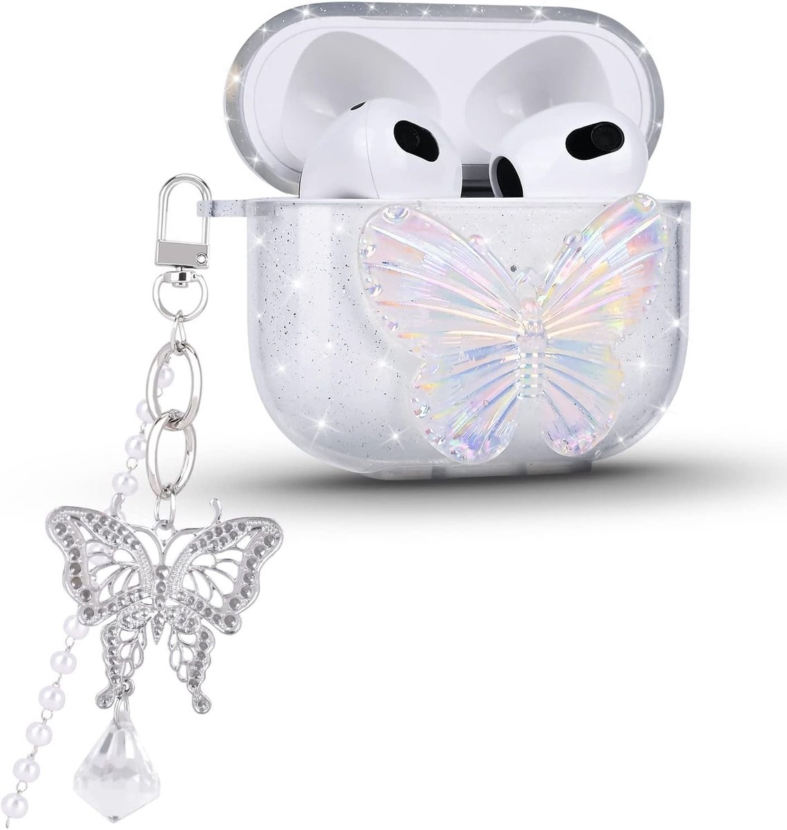 Elegant Shockproof Hoofdtelefoon Case voor AirPods 3 met Sleutelhanger, Zacht Silicone TPU, Antislip en Dun Ontwerp met Schattig Vlinderpatroon voor Meisjes