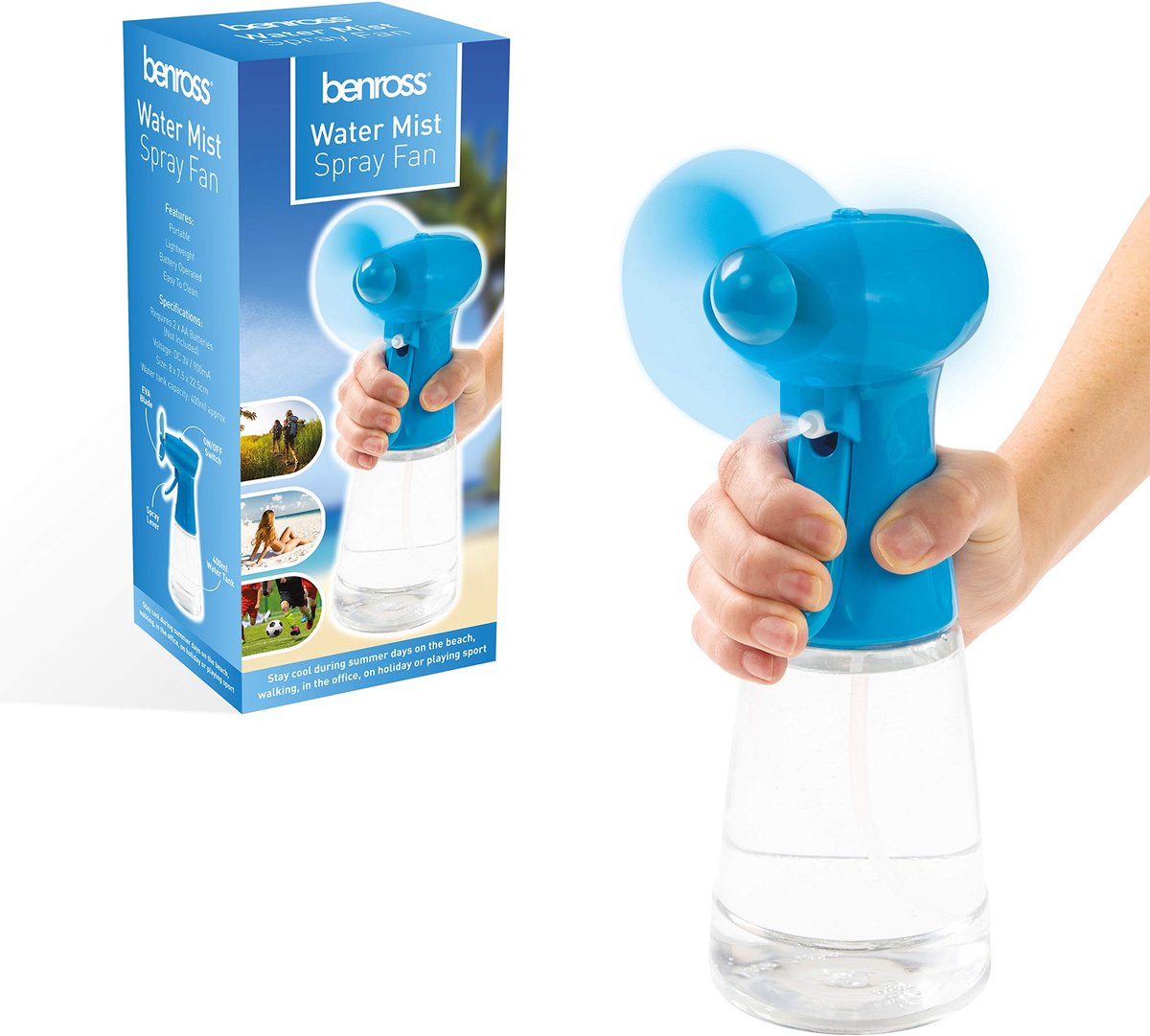 Waternevelventilator handheld - draagbaar blauw - ideaal voor vakantie en strand - verfrissing overal - ShopVlot