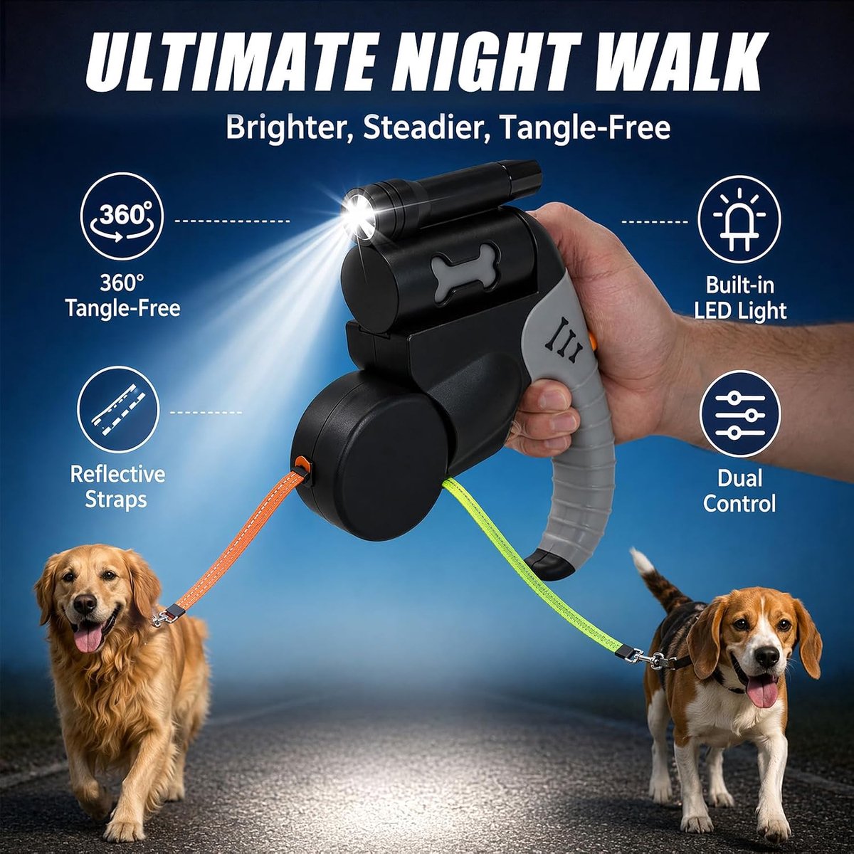 SnelShoppen - Dubbele intrekbare hondenlijn 3 m, rollijn voor 2 honden tot 11 kg, 360° draaibaar, automatische hondenriem met zaklamp voor kleine en m