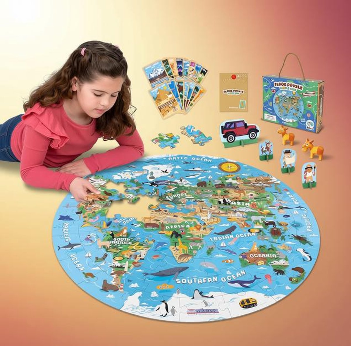 Grote Wereldkaart Vloerpuzzel voor Kinderen – 70 XL Stukken, 58x58 cm, met 15 Educatieve Kaarten en 4 3D-Dieren