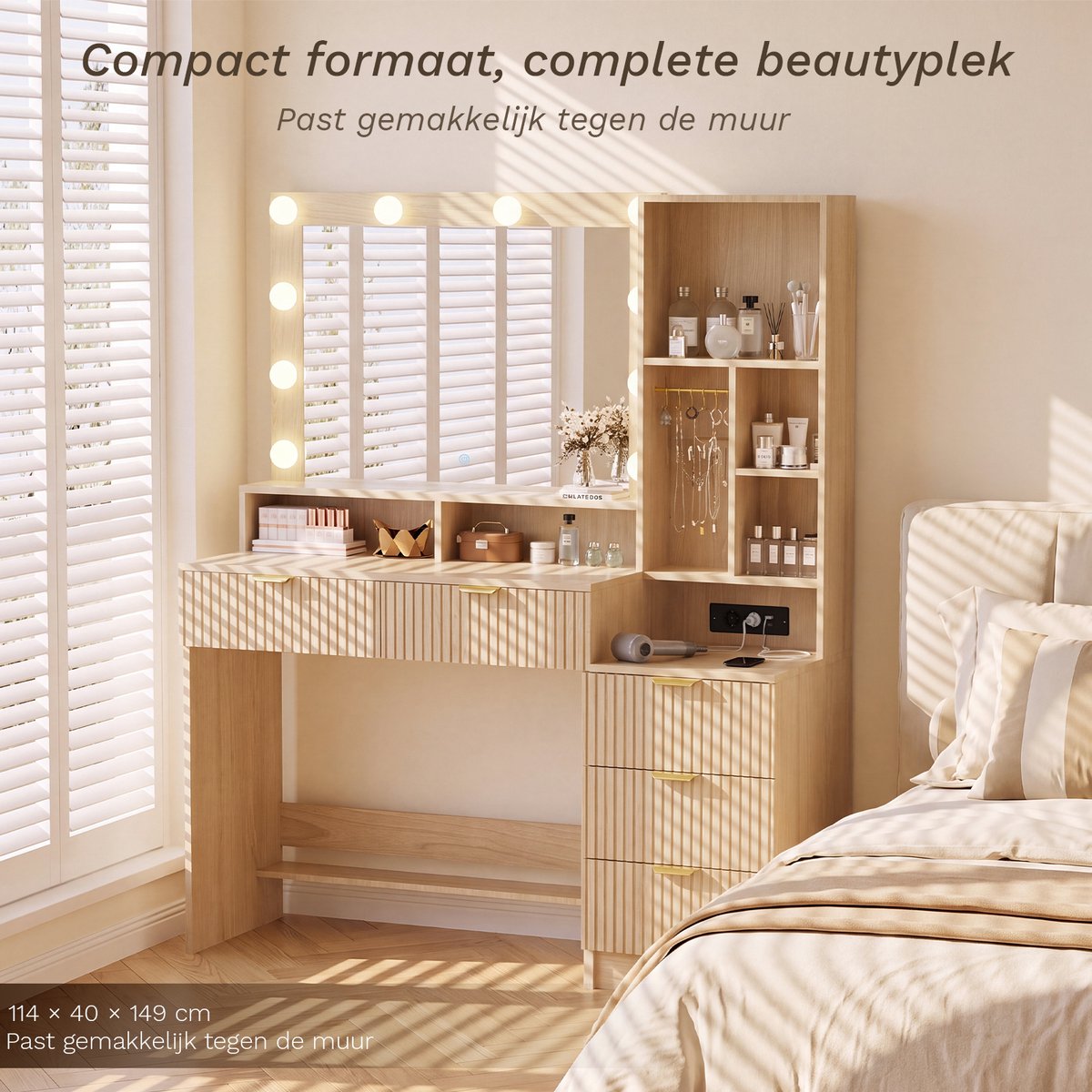 Devoko Kaptafel met Verlichte Spiegel - 114 x 40 x 149 cm - 5 Lades - 10 Lampen met 3 Lichtstanden - 2 USB + USB-C - Houtlook