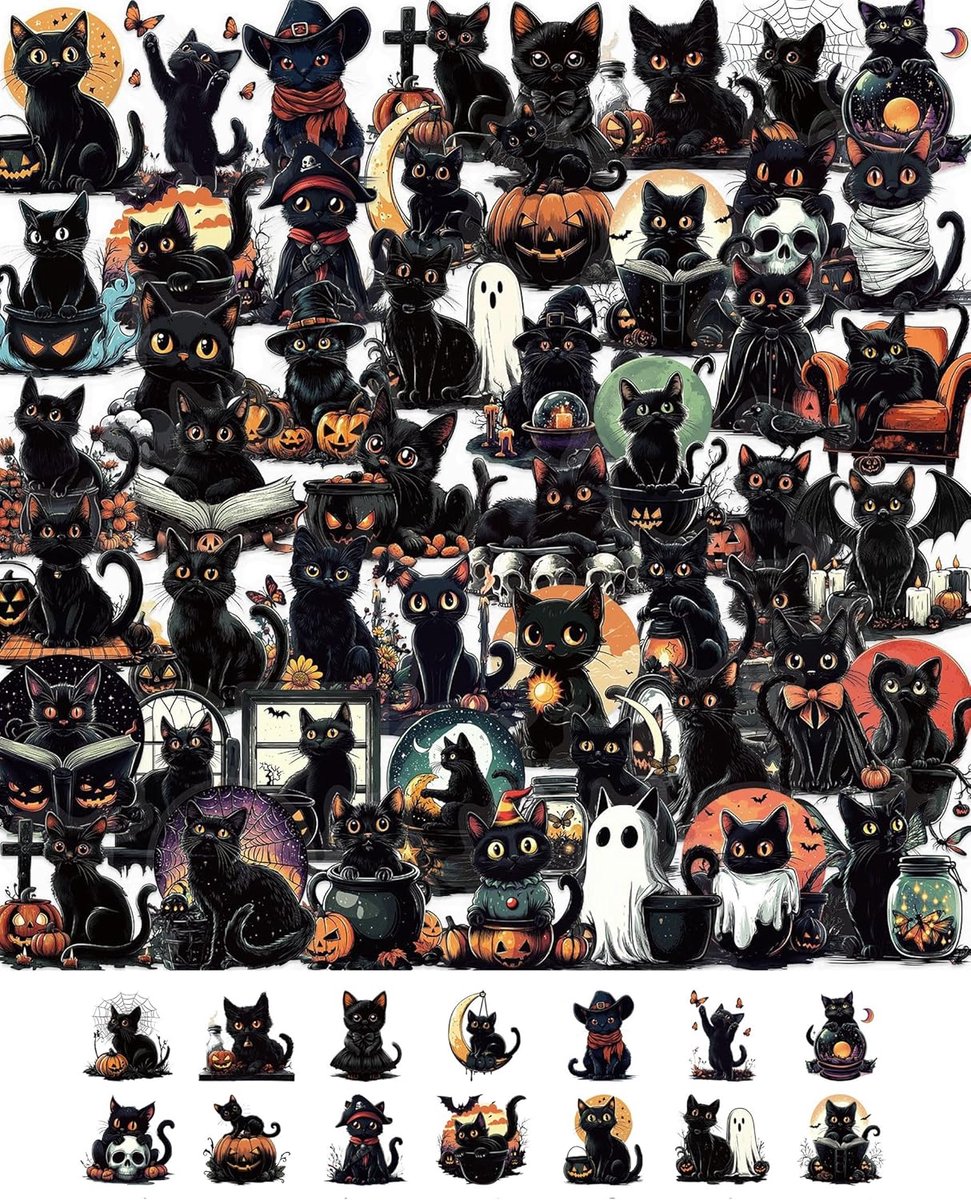 Plakstrips Halloween Zwarte Kat - 50 Stuk Vinyl Waterdicht - Ideaal voor Laptop en Skateboard - Creatieve Versiering - ShopVlot