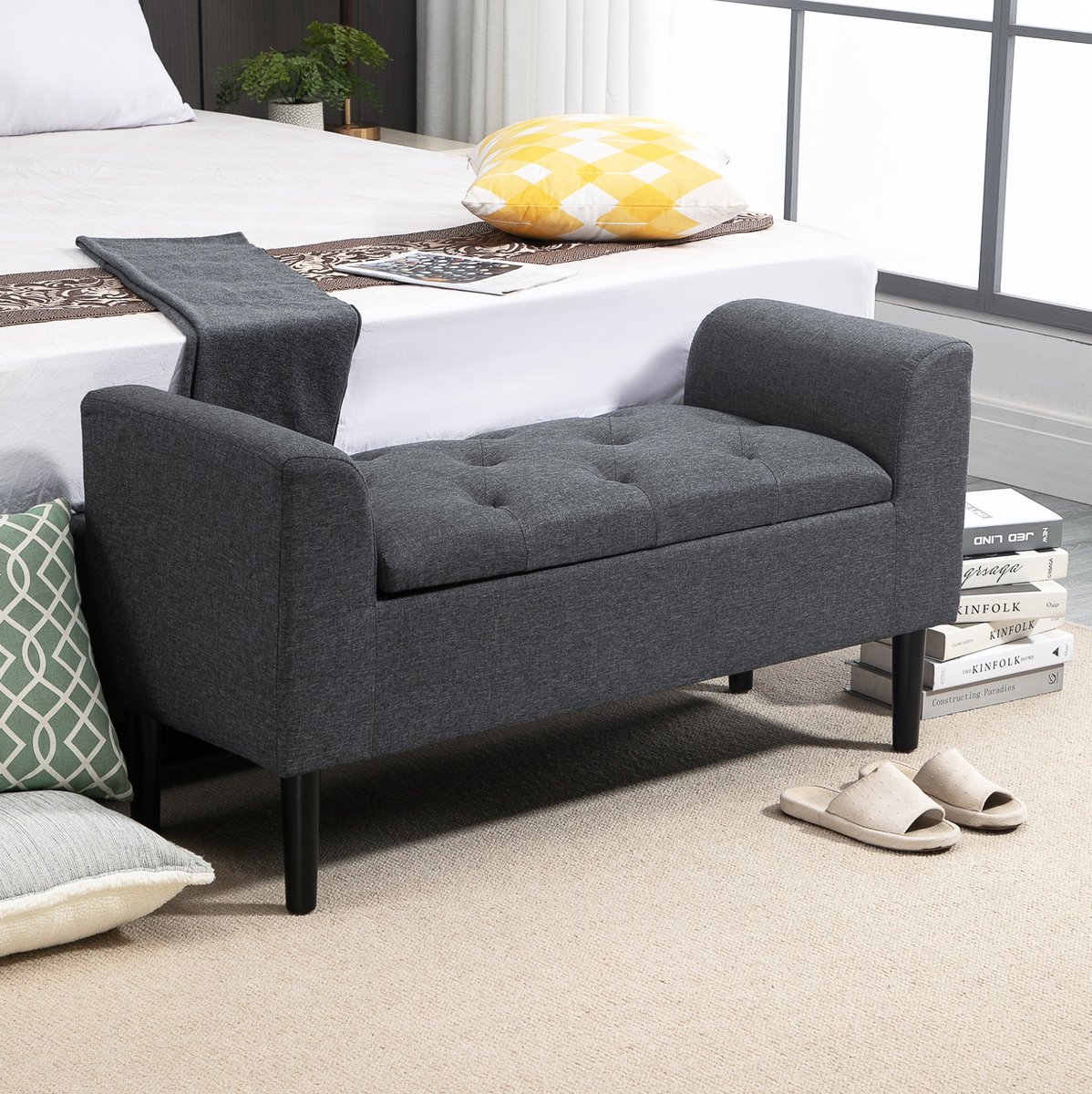 Opbergbank 116 Cm - Met Opbergruimte En Geknoopte Zitting - Voor Hal En Woonkamer - Polyester - Donkergrijs