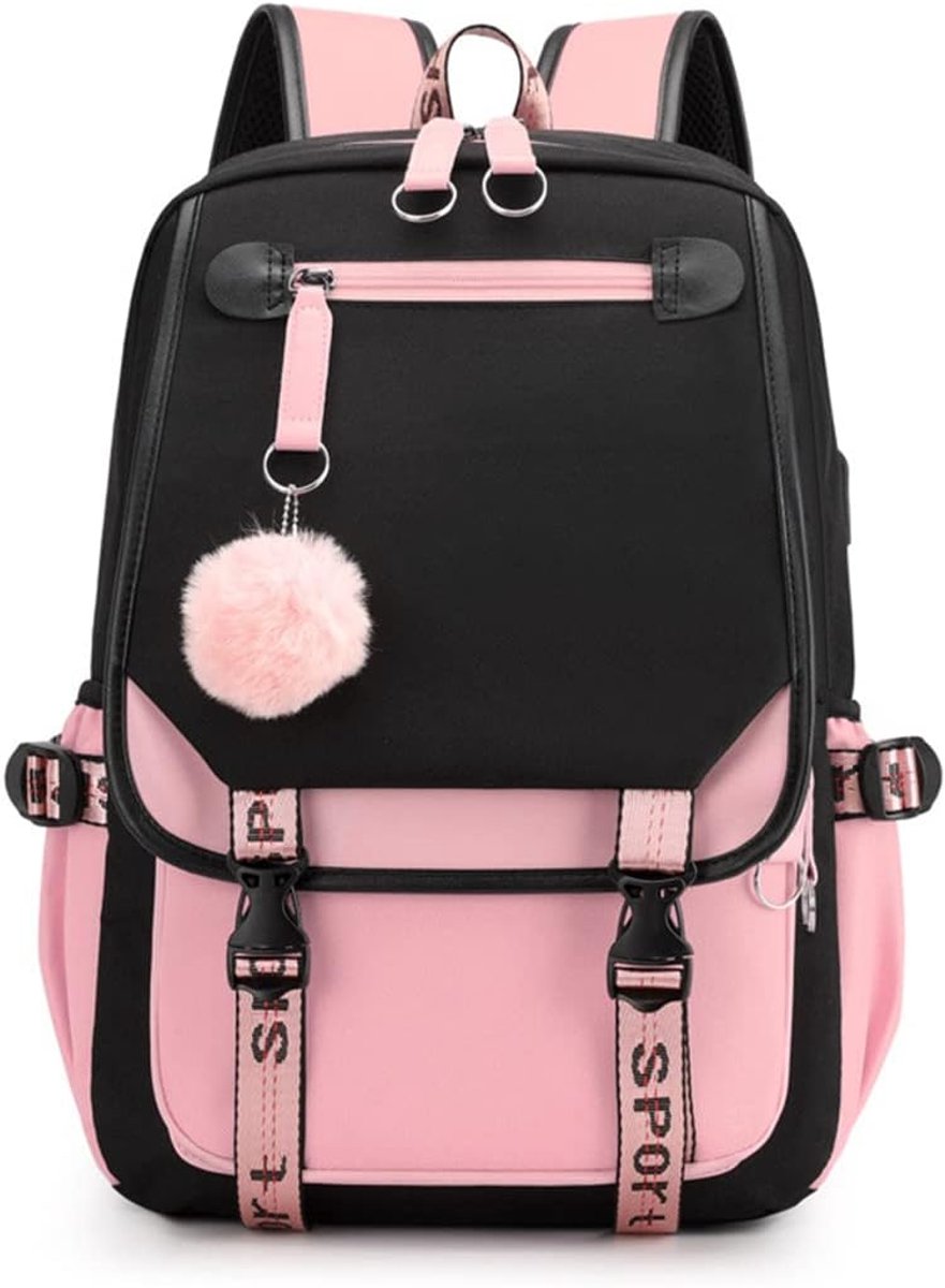 Rugzak voor meisjes - Kleurblokdesign - Met USB-oplaadpoort - Waterdicht - Laptoprugzak - Schoudertas - Rugzak met grote capaciteit - Zwart en roze