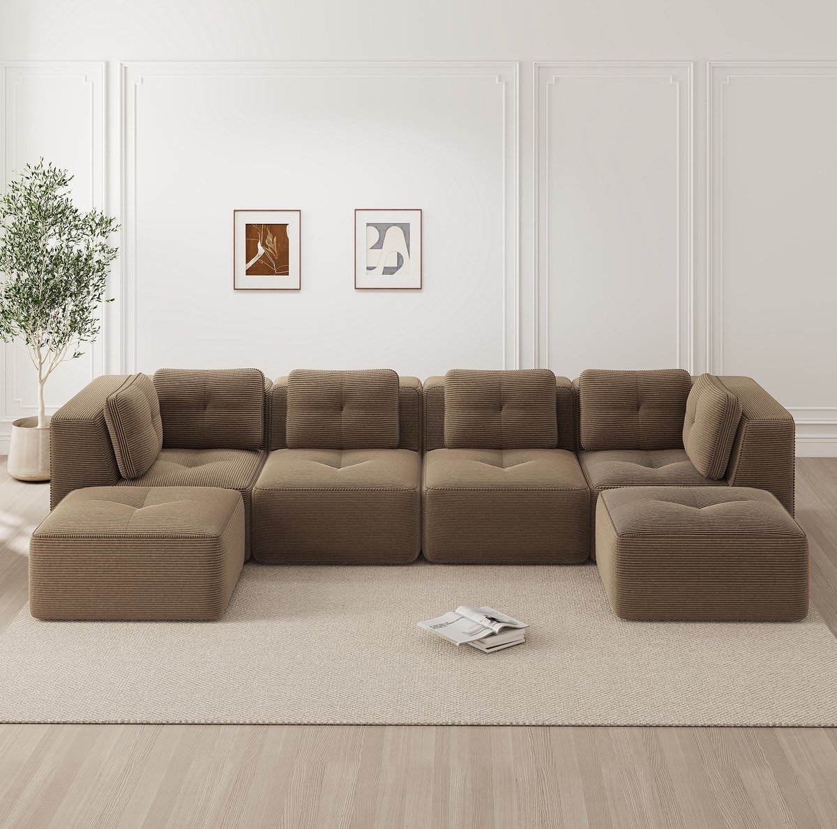 MEUNIQ modulaire U-bank 386 x 177 x 69 cm met ottomane, hoekbank van corduroy, geen montage vereist, diepe zitbank voor woonkamer, bruin Brown