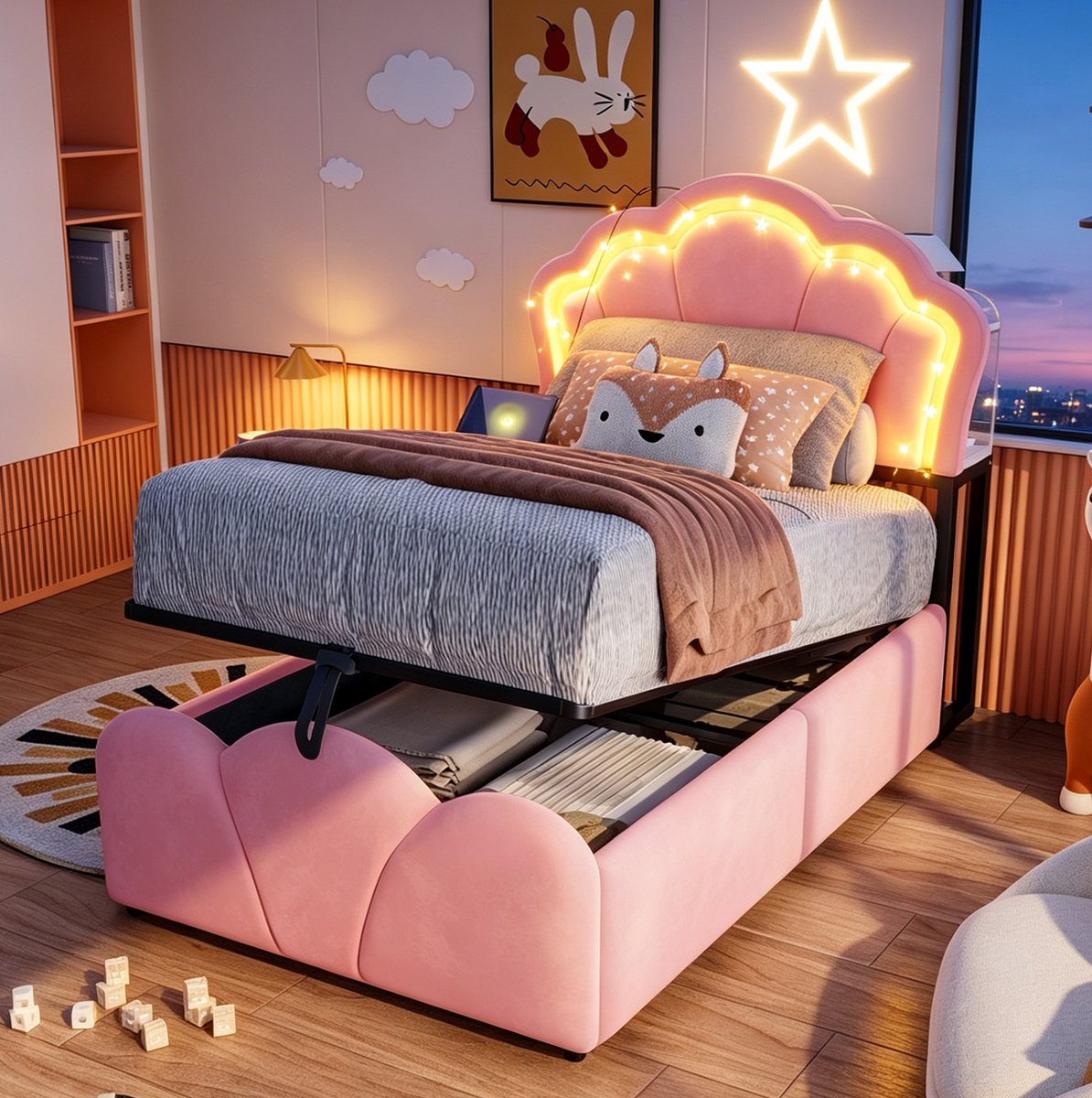 MIVRAY Polsterbed 90x200 Cm Zonder Matras - Fluwelen Bekleding Met Bloemenmotief, Lichtstrip En Stopcontacten - Met Opbergruimte - Rosa