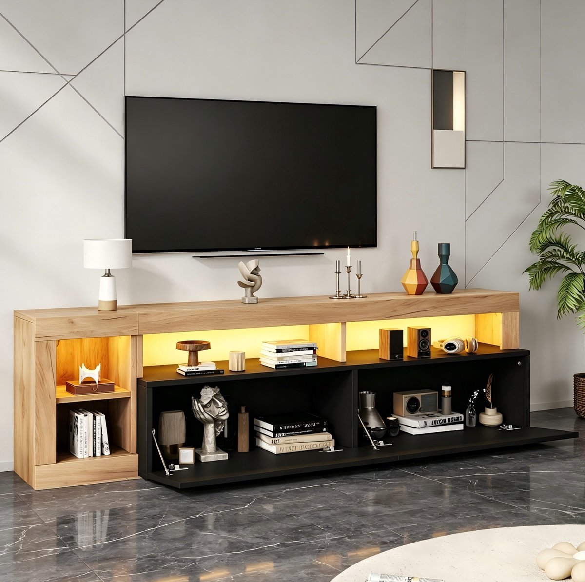 TV Meubel - LED Verlichting - Voor Woonkamer En Slaapkamer - Spaanplaat - Zwart En Houtkleur - 184x42x58 Cm