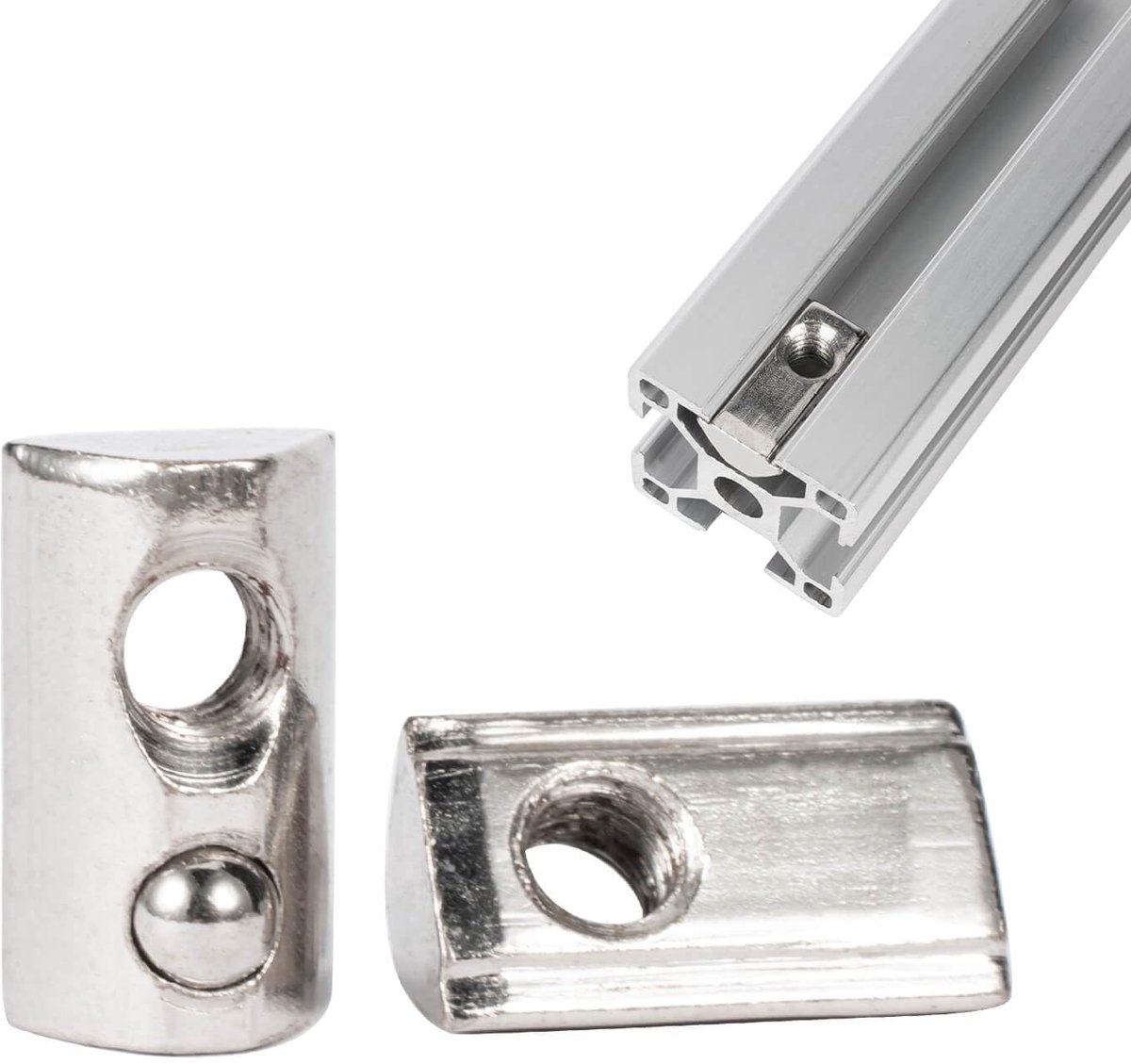 T-moeren met geleidenokken - 50 stuks - sleufbreedte 8 mm - met veerkogel - geschikt voor aluminium profielen uit de 40-serie