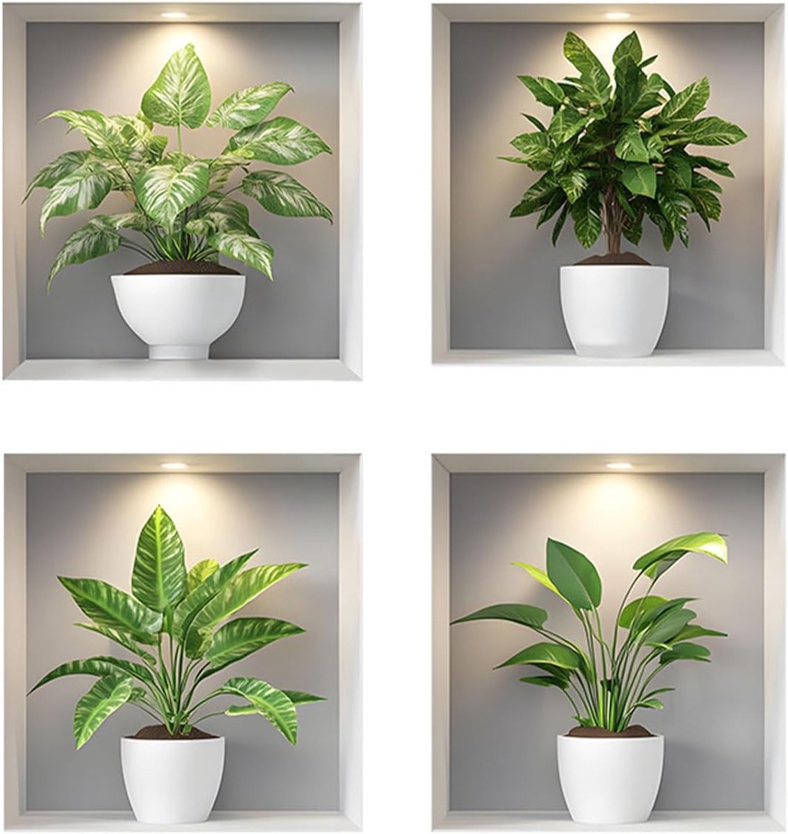 SnelShoppen - 4 Stuks 30x30CM Muurstickers Groene Potplanten en Bloemen Vazen - 3D Zelfklevende Wanddecoratie voor Woonkamer, Kantoor, Hotel - Modern