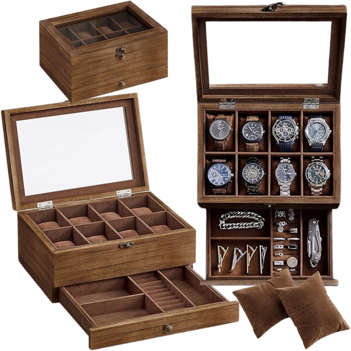 Luxe Houten Organizer Kist voor Horloges & Sieraden - 8 Vakken