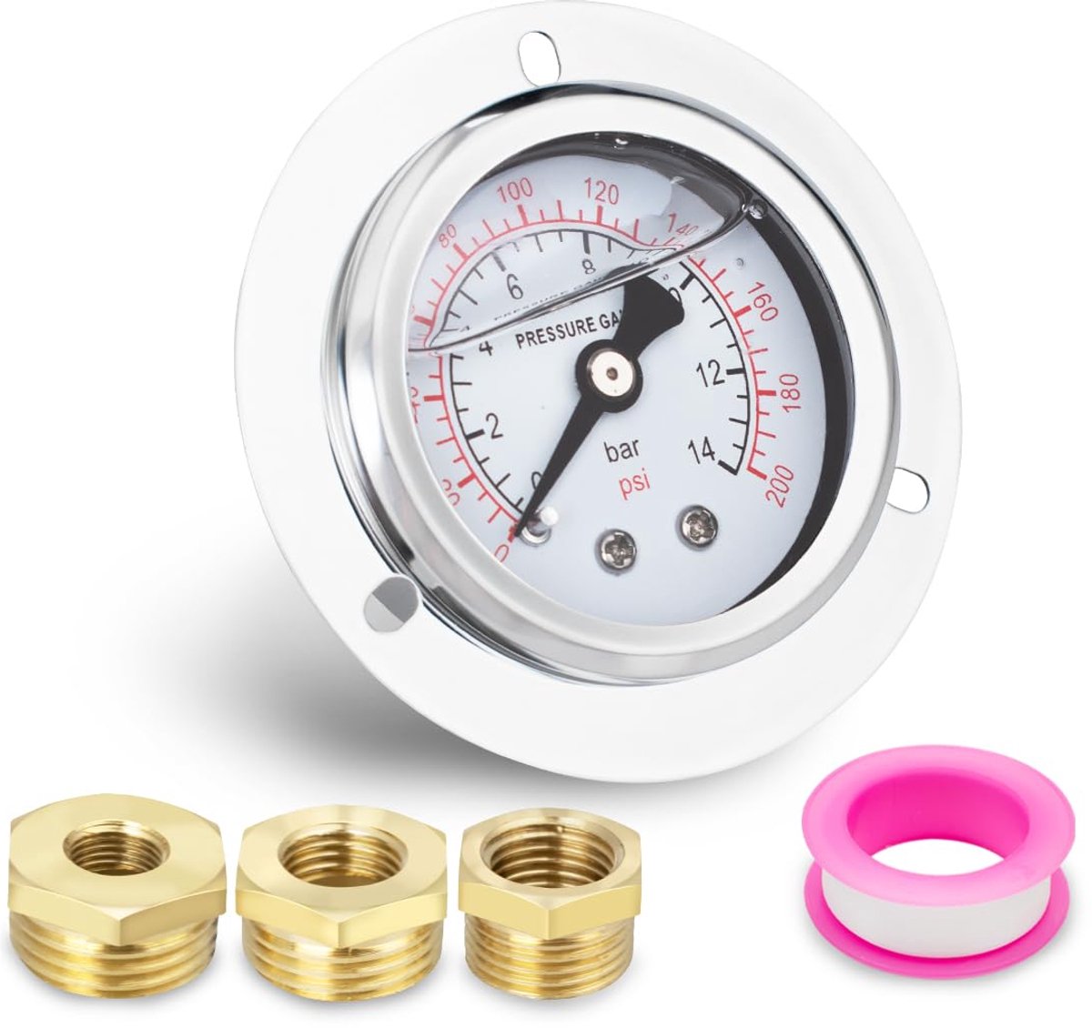 1 Pcs 40mm Flanged Panel Mount Manometer BSP 1/8" 0-14 Bar 0~200 Psi met 3 Stukken Bush 1/8" tot 1/2" Axiaal