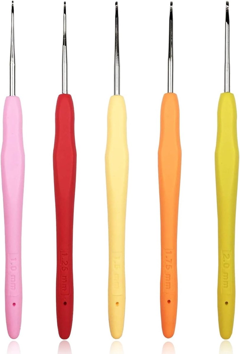 5 stuks haken van 1 mm, 1,25 mm, 1,5 mm, 1,75 mm, 2,0 mm, klein formaat, ergonomische handgreep, kanten haken voor het breien van sjaals, handschoenen, tassen, hoeden, sokken