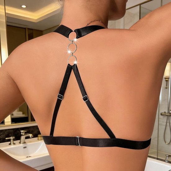 BH voor dames, leer, sexy, houder, bralette, driehoek, metaal, ring, wetlook, rugvrij, bustier, zonder beugel, push-up, ondergoed, V-hals, cut-out beha's, verstelbaar, babydoll, clubwear — afbeelding 2