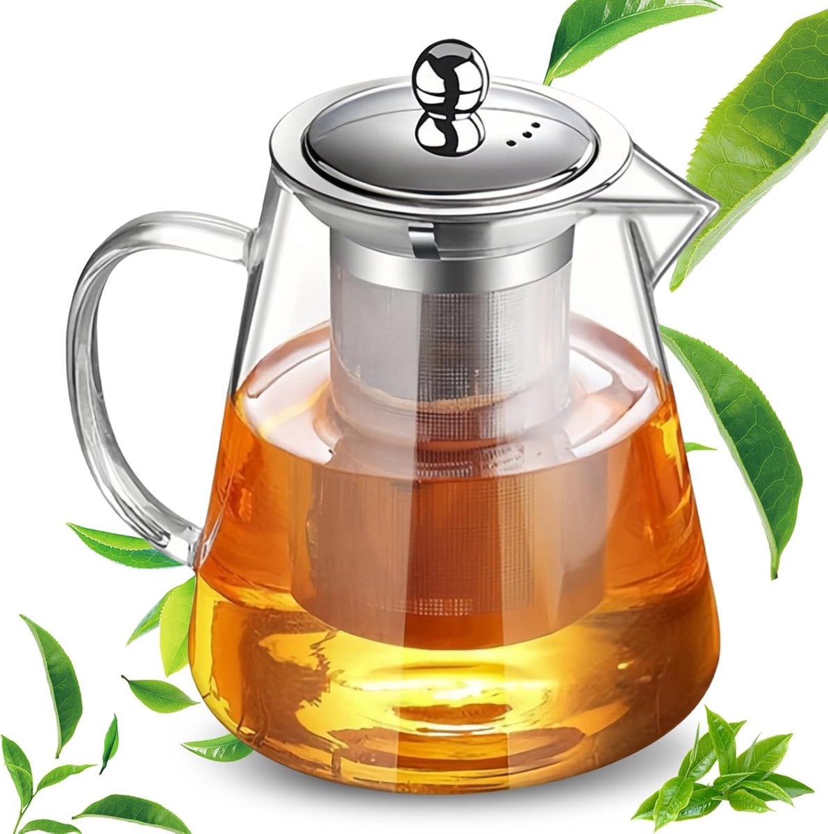 Theepot van 1300 ml, borosilicaatglas, theeservies, glazen theepot met afneembare zeef en deksel, roestvrij staal, robuuste hittebestendige theepot voor camping, reizen, kruidenthee,