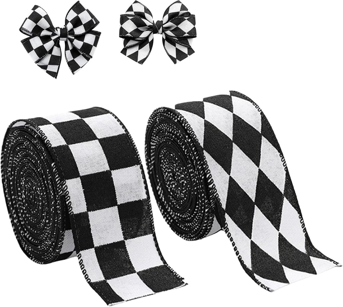 2 rollen 10 m zwart wit geruit lint 5 cm breed diamant patroon jute bedraad lint voor geschenkverpakking, doe-het-zelf haarstrikken krans decor kerstboom decoratie (2 stijlen)