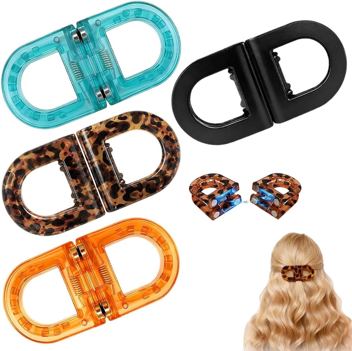 haarclips, 4 stuks, magnetische haarclips, blauw, zwart, luipaard, geel, merkloze haarklem voor alle haartypes