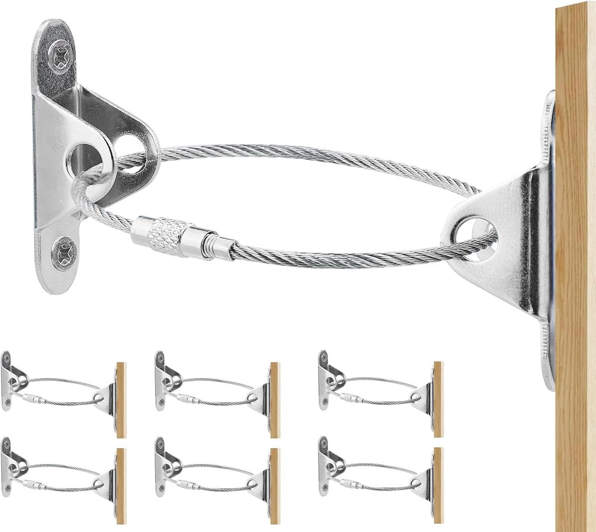 6 Pack Metalen Anti Tip Meubelriemen Baby Proofing Kit - Meubels Wandbevestiging Baby Veiligheidsriemen voor Boekenplank Kast Dressoir Zilver & Zwart