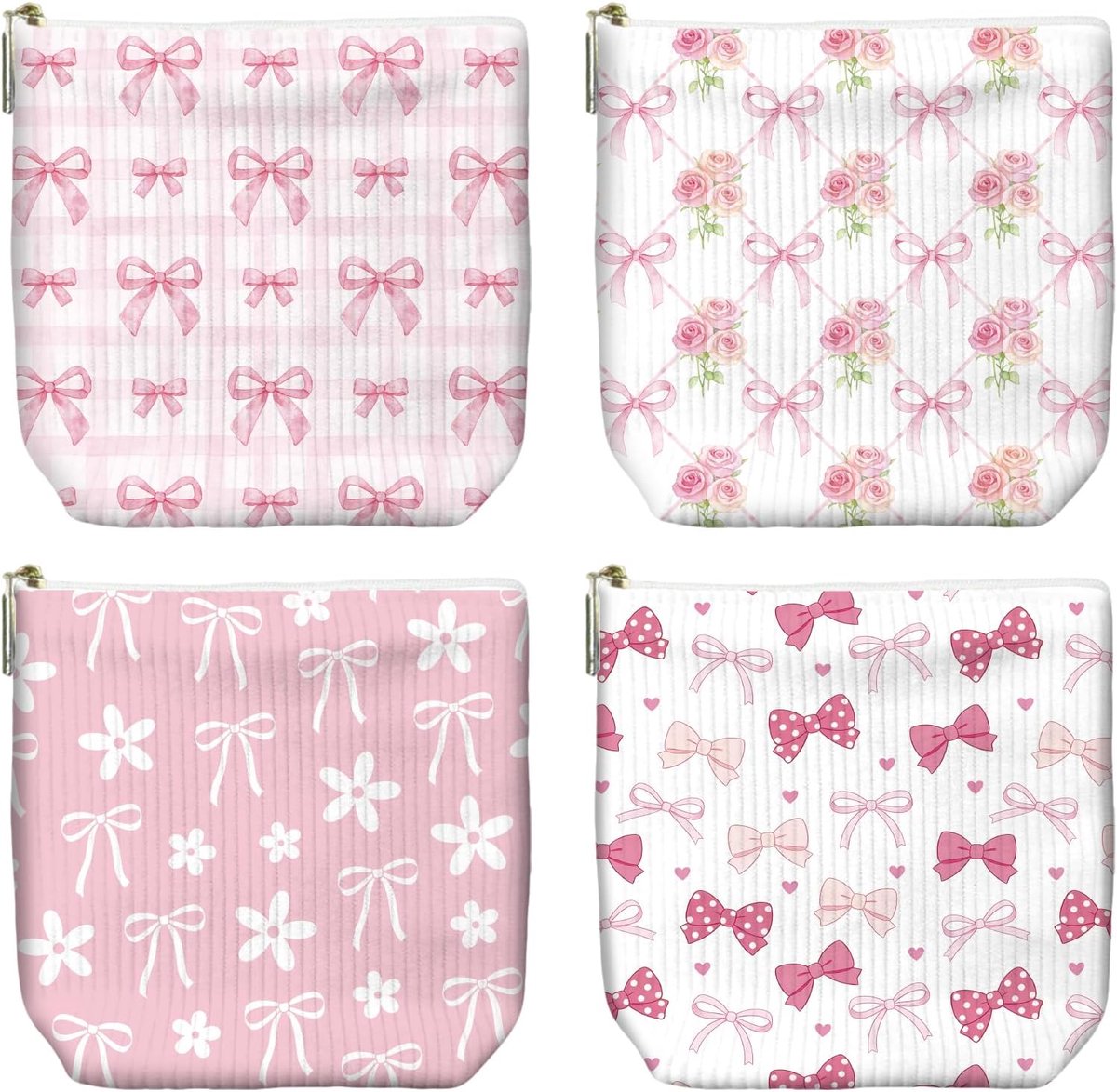 Make-uptasje, set van 4 stuks, voor dames, met ritssluiting, schattige mini-reistas, draagbare cosmetische toilettas zakjes, Strik lint en bloem, Strik lint en bloem