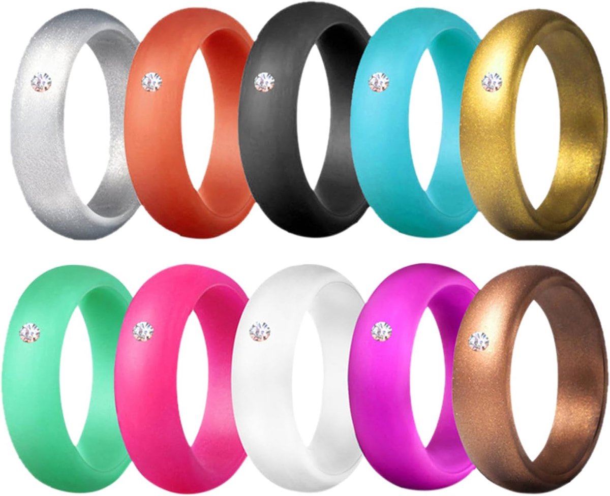 Vrouwen Workout Bruiloft Siliconen Ring: 10 Packs Zirkoon Inlay Rubber Engagement Ring Set - Comfortabele Fit Huid Veilig Ademend Sport Ringen Multi kleuren