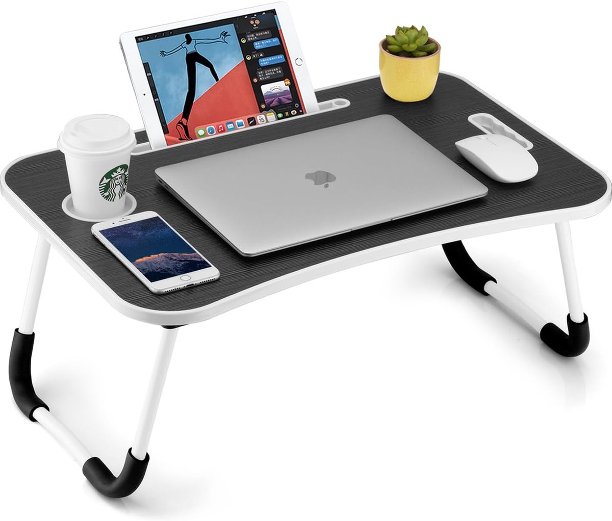 Opvouwbare laptoptafel, draagbaar lapbureau bed tafelblad, laptopstandaard met bekerhouder en tabletsleuf en hefhandvat voor werken, schrijven, tekenen en eten (zwart)
